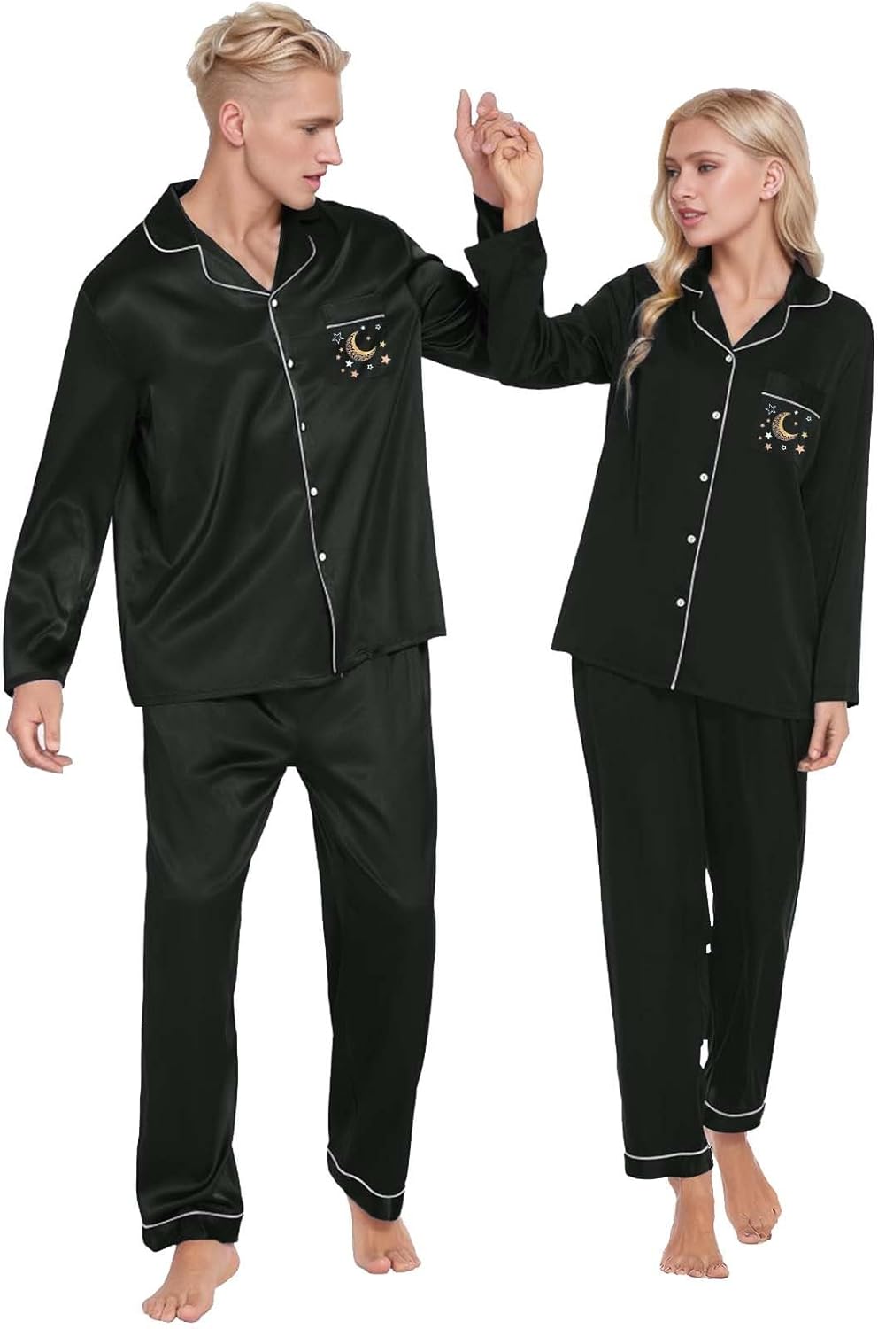 Damen Pyjama Satin Schlafanzug Set,Damen Seidensatin Pyjama Set 2Pcs Langarmhose Chinesischer Stil N