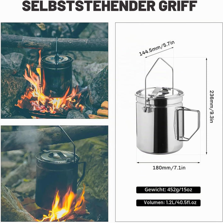 Fire-Maple Campingtopf Edelstahl Camping-Hängetasse mit Dampfkorb 1,2 l Lagerfeuer-Kaffeetasse mit F