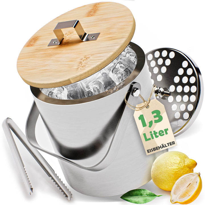 Premium Eiswürfelbehälter Mit Deckel Aus Bambus u. Zange 1,3L - Eiswürfelbehälter Gross - Eisbehälte