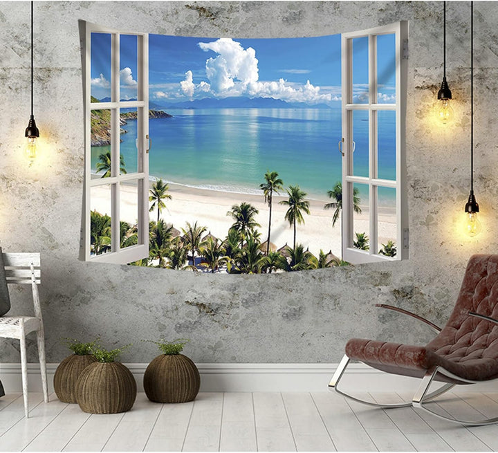 Gualiy Wandteppich 260 x 240 cm, Meer Strand Palme Fenster Landschaft Wandbehang Wandtuch Ozean Tapi