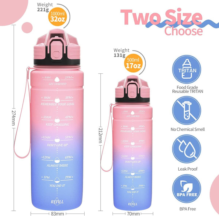 Sport Trinkflasche 2l, 1,5l, 1l, 700ml, 500ml Trinkflasche Kinder Auslaufsicher, Motivierende Wasser