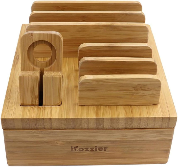 iCozzier Bambus 5-Slot Ladestation Tablet und Kabel Organizer Ständer Dock für Apple Watch, iPhone,