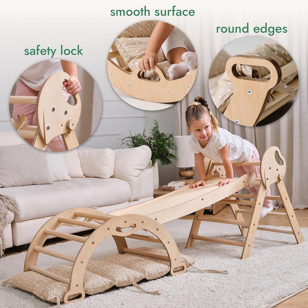 Goodevas 5-in-1 Montessori Klettergerüst Set: Indoor Kletterdreieck, Kletterbogen mit Kissen, und Ru