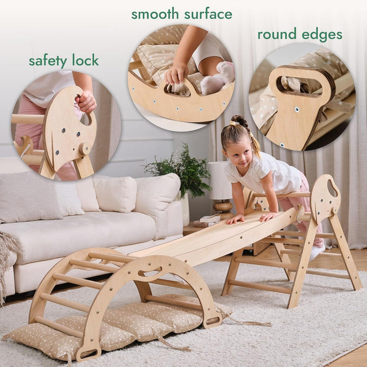 Goodevas 5-in-1 Montessori Klettergerüst Set: Indoor Kletterdreieck, Kletterbogen mit Kissen, und Ru