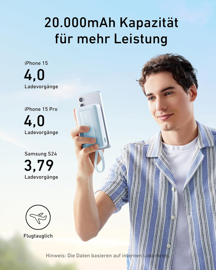 Anker Zolo Powerbank (2025 Upgrade), 20000mAh, 30W High-Speed-Ladegerät mit integriertem USB-C Kabel