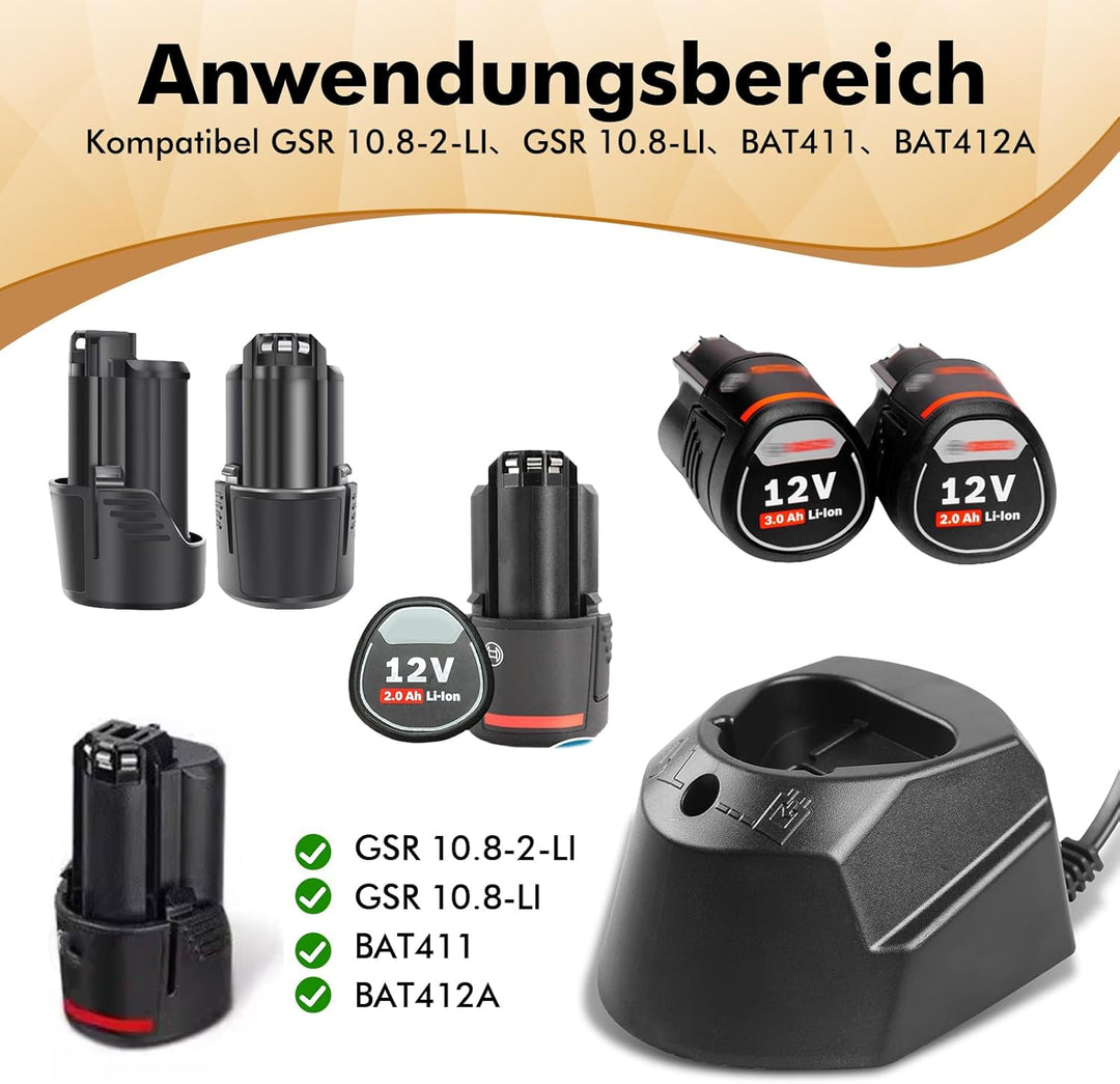 Ladegerät für Bosch 10.8V-12V AL1115CV Akku Schnellladegerät, Li-ion 12 Volt Ladegerät für BAT411, B