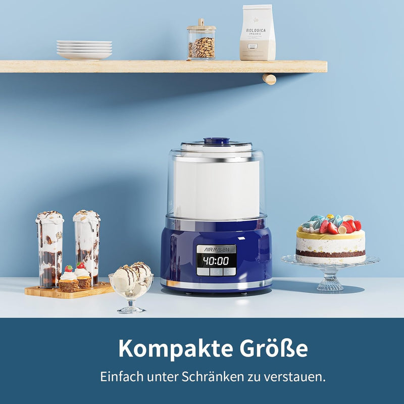 AIRMSEN Eismaschine mit LCD-Display Eismaschine Selbstkühlend für 2 L, 9 Programme, BPA-frei, für se