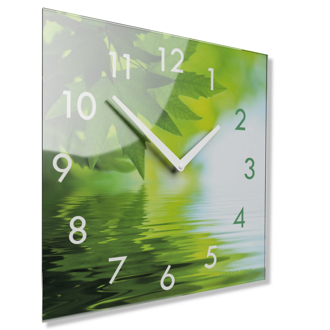 FLEXISTYLE Wanduhr küche Wohnzimmer 30 x 30 cm, aus Glas, mit Direktdruck eckig modern (AHORNBLÄTTER