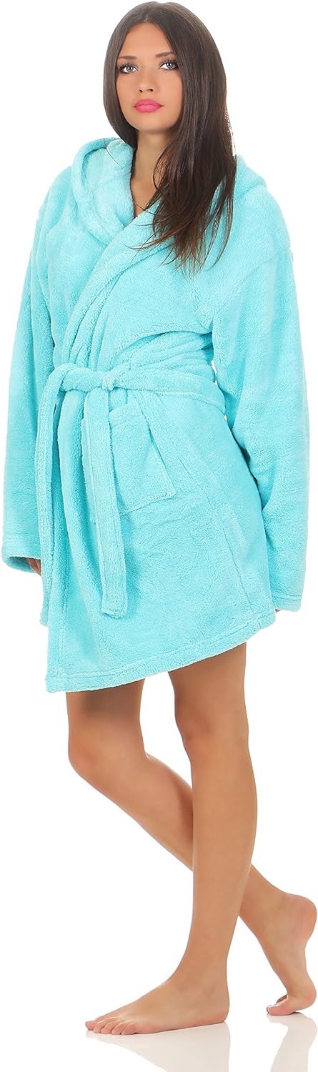 NATURA WALK Naturawalk Damen Kuschel-Bademantel-Hausmantel mit Kapuze in 6 Farben (XL, turkise)
