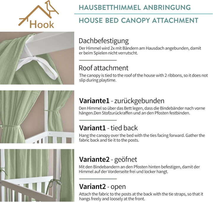 Hausbett Himmel Deko Set, Betthimmel Hausbett aus Musselin - 2 Betthimmel & 1 Wimpelkette, für Junge