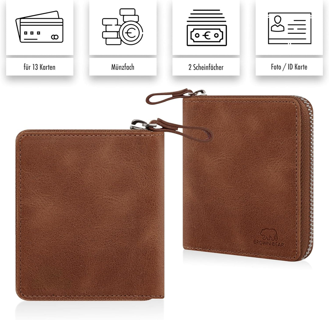 BROWN BEAR Geldbörse Reissverschluss Leder Vintage Braun für Damen & Herren | RFID-Schutz Portemonna