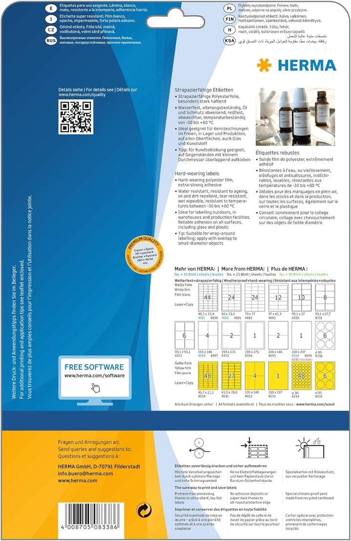 HERMA 8338 Wetterfeste Folienetiketten, 25 Blatt, 37 x 25 mm, 50 Stück pro A4 Bogen, 1250 Aufkleber,