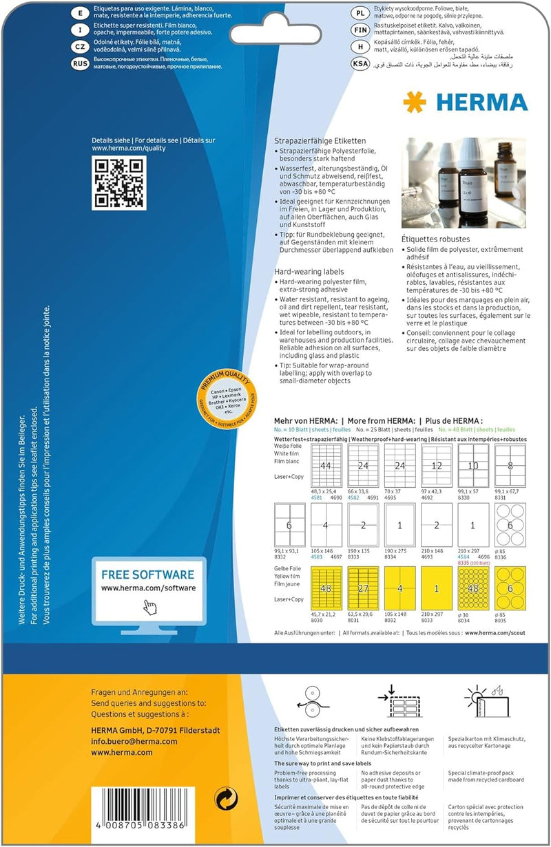 HERMA 8338 Wetterfeste Folienetiketten, 25 Blatt, 37 x 25 mm, 50 Stück pro A4 Bogen, 1250 Aufkleber,
