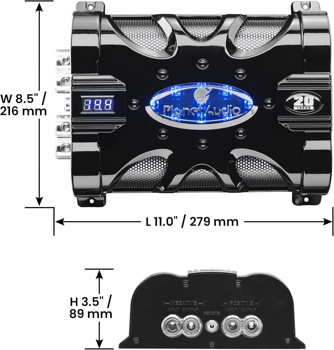 Planet Audio PC20F Auto-Kondensator – 20 Farad, Energiespeicher, Bassverstärkung von Stereo, Warntön