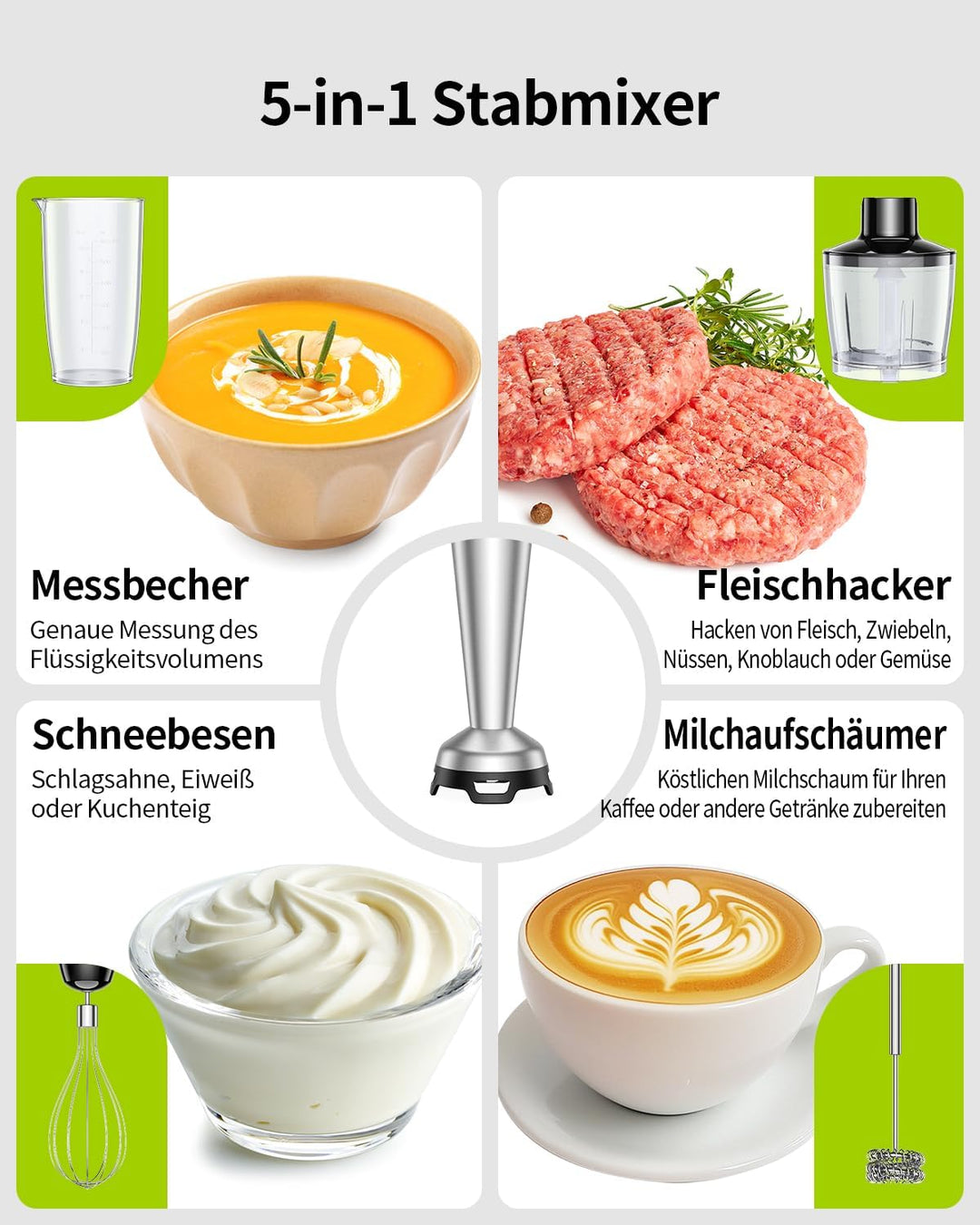 GDOR 1100W Pürierstab, 5 In 1 Stabmixer Edelstahl, Stufenlos Geschwindigkeitseinstellung Hand Blende
