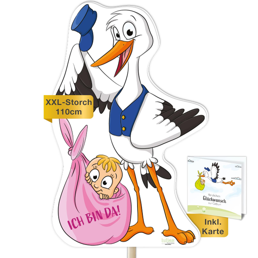 XL Storch zur Geburt Willkommen Baby I rosa Geschenk Mädchen I SET: Geburtsstorch + Stab aus Holz +