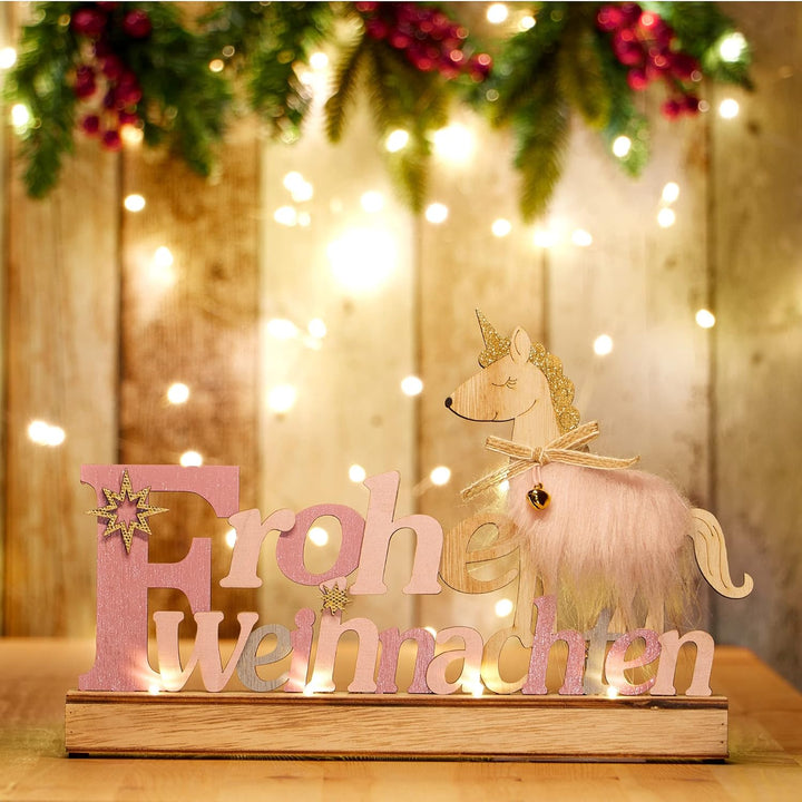 com-four® LED Deko Aufsteller aus Holz - beleuchteter Schriftzug auf Holzsockel - Deko-Schriftzug zu
