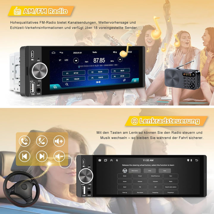 Autoradio mit Bildschirm, Single-DIN, Kabelloses CarPlay und Android Auto, 6,28-Zoll-Touchscreen mit