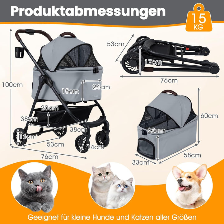 COSTWAY 3 in 1 Hundewagen, Hundebuggy mit verstellbarem Netzdach & Korb & Getränkehalter, Haustiere