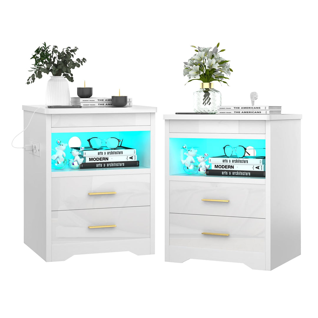 PIPIPOXER 2er Set Nachttisch mit Steckdose & USB & abschliessbar, Nachttisch Weiss mit LED Nachtkomm