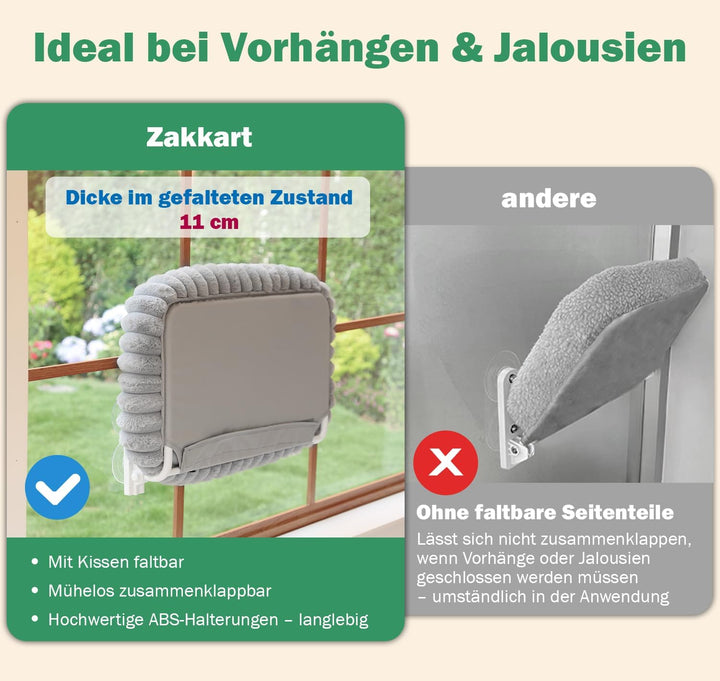 Zakkart SnugCloud Faltbare Katzenfensterstange – schnurlos, ultraweich, maschinenwaschbar, Bett mit