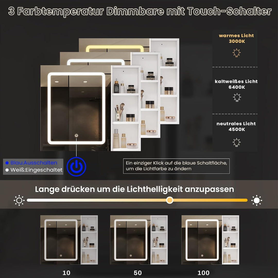 DICTAC Spiegelschrank Bad mit LED Beleuchtung 70x60x16cm Einzeltür Badezimmer spiegelschrank mit Ein