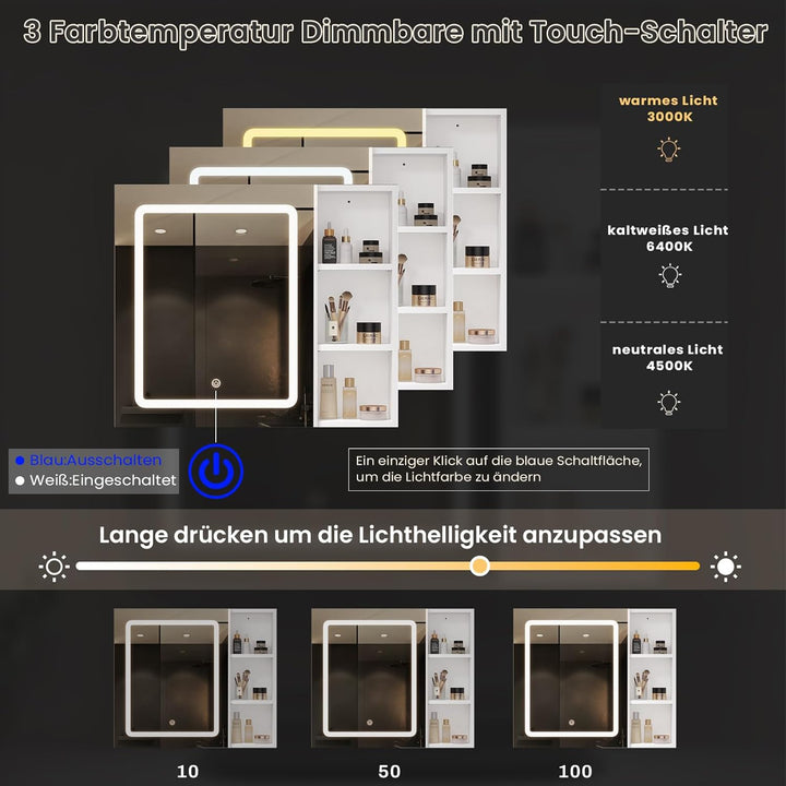 DICTAC Spiegelschrank Bad mit LED Beleuchtung 70x60x16cm Einzeltür Badezimmer spiegelschrank mit Ein