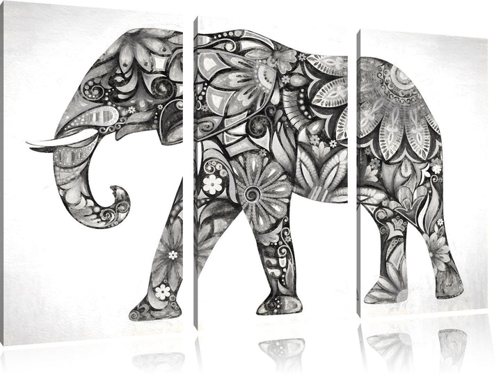 Elefant mit Ornamenten Spezial 3-Teiler Leinwandbild 120x80 Bild auf Leinwand, XXL riesige Bilder fe
