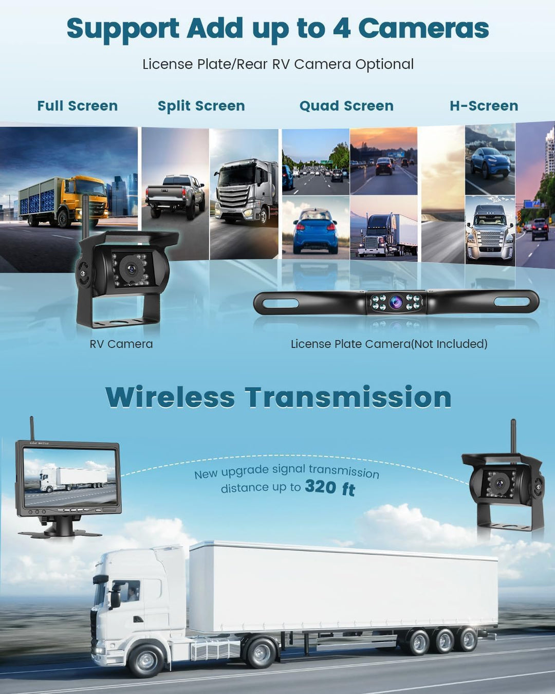 Wireless Reversing Camera Kit mit 7-Zoll-IPS-Bildschirm, Anti-Interferenz, IP68 wasserdichte IR-Nach