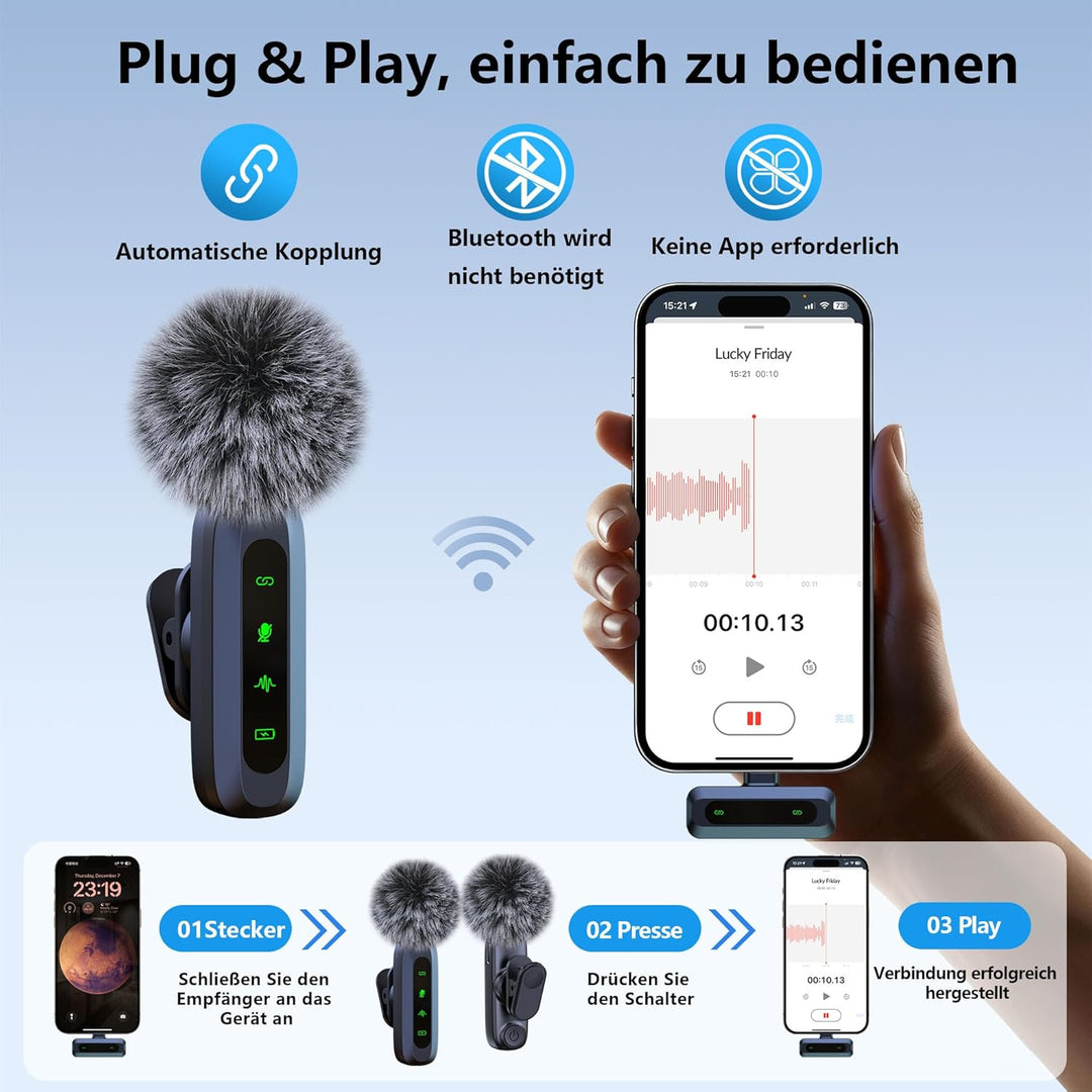 Mikrofon handy, Mikrofon für iPhone und USB-C-Stecker, Mini mikrofon, kabellose Mikrofone mit Rausch