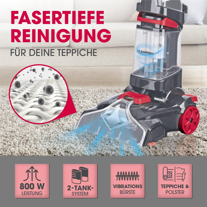 CLEANmaxx Teppichreiniger AquaStream Plus | 3 in 1: waschen, reinigen, absaugen | Nasssauger mit Vib