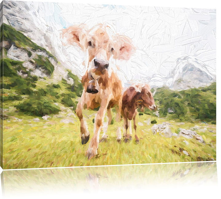 Pixxprint Almkuh auf der Weide Kunst als Leinwandbild/Grösse: 100x70 / Wandbild/Kunstdruck/fertig be