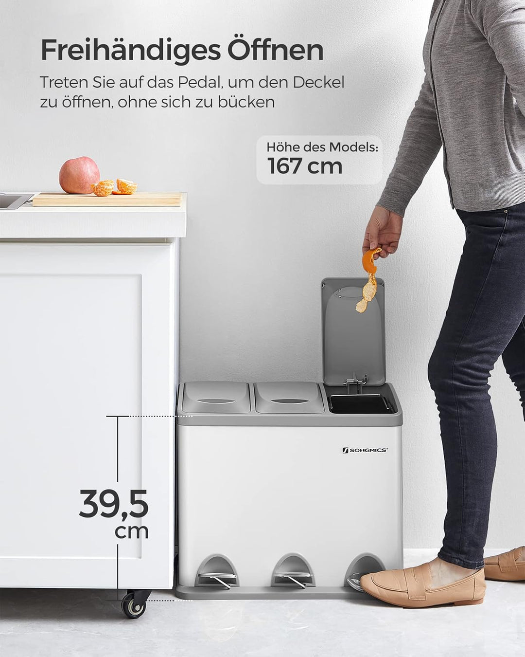 SONGMICS Mülleimer für die Küche, 3 x 8 L, Abfalleimer aus Metall, 3-in-1 Treteimer, Mülltrennung, M