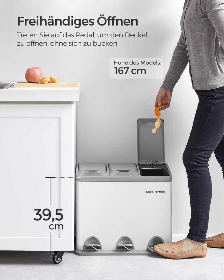 SONGMICS Mülleimer für die Küche, 3 x 8 L, Abfalleimer aus Metall, 3-in-1 Treteimer, Mülltrennung, M