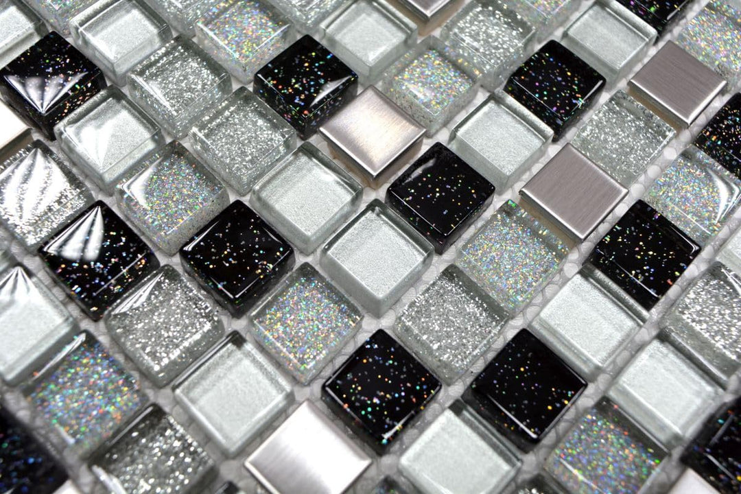 Glasmosaik Quadrat Crystal/Stahl mix silber/schwarz Transluzent Transparent 3D, Mosaikstein Format: