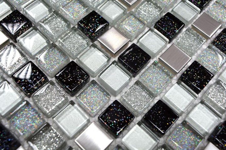 Glasmosaik Quadrat Crystal/Stahl mix silber/schwarz Transluzent Transparent 3D, Mosaikstein Format: