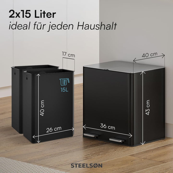 STEELSØN Gloas Mülleimer 2 Fächer – Mülltrennsystem Küche 2x15 L aus Edelstahl Schwarz – Tretmülleim