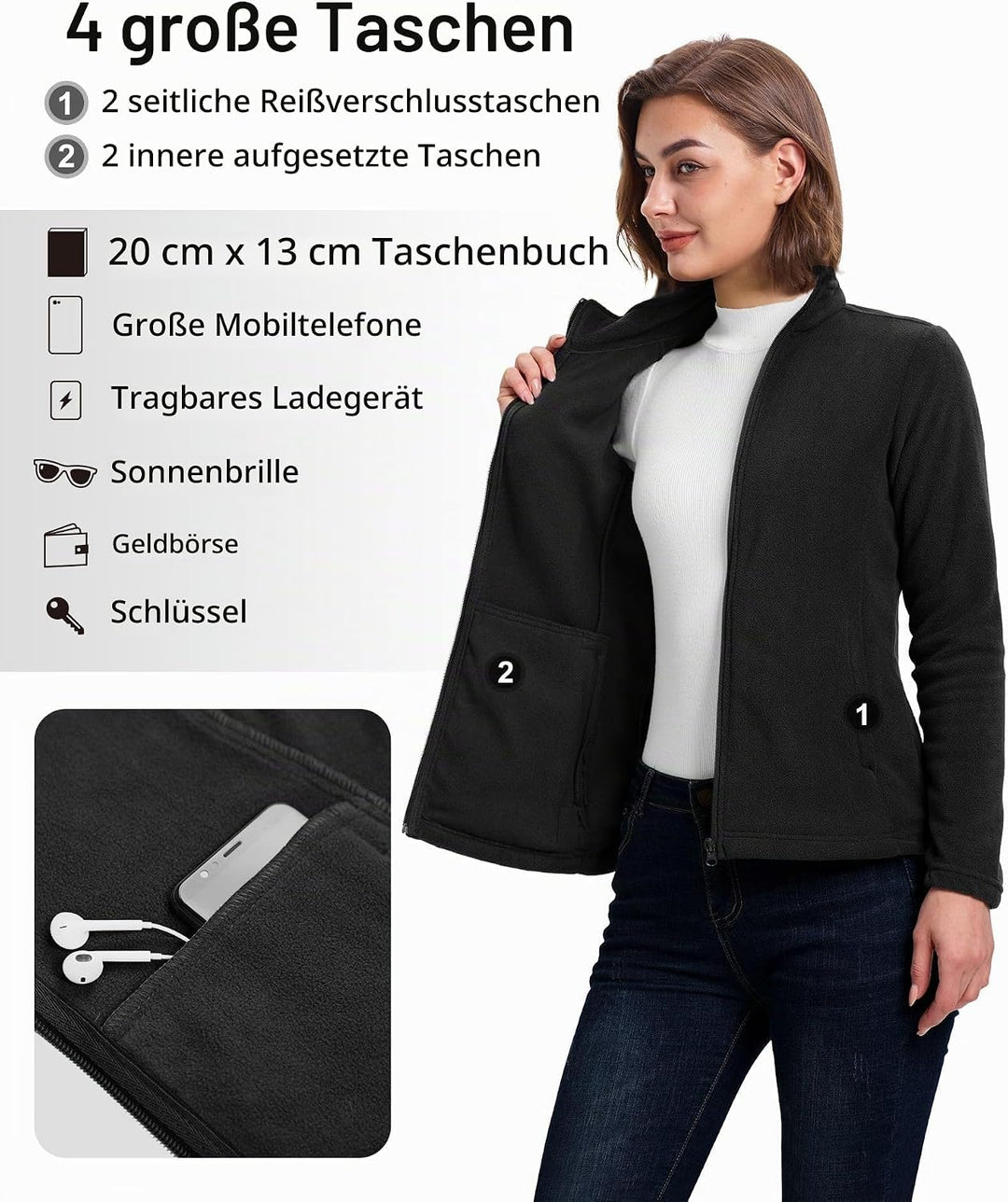 33,000ft Damen Fleecejacke mit Durchgehendem Reissverschluss Stehkragen Damen Leichte Fleece Jacke A