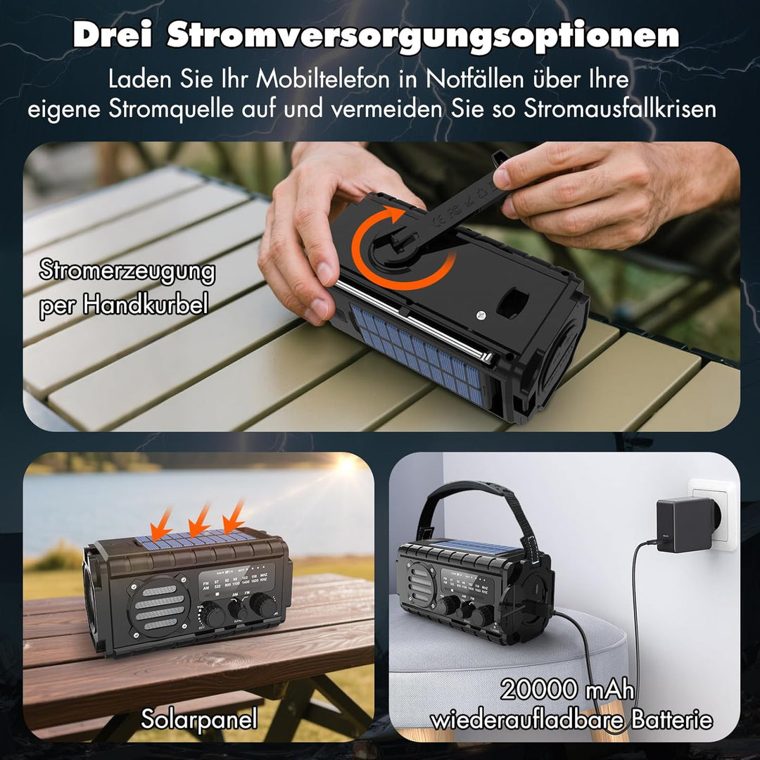 20000mAh Solar Radio, AM/FM Kurbelradio Tragbar Dynamo Wetter Notfallradio, LED Taschenlampe & Lesel