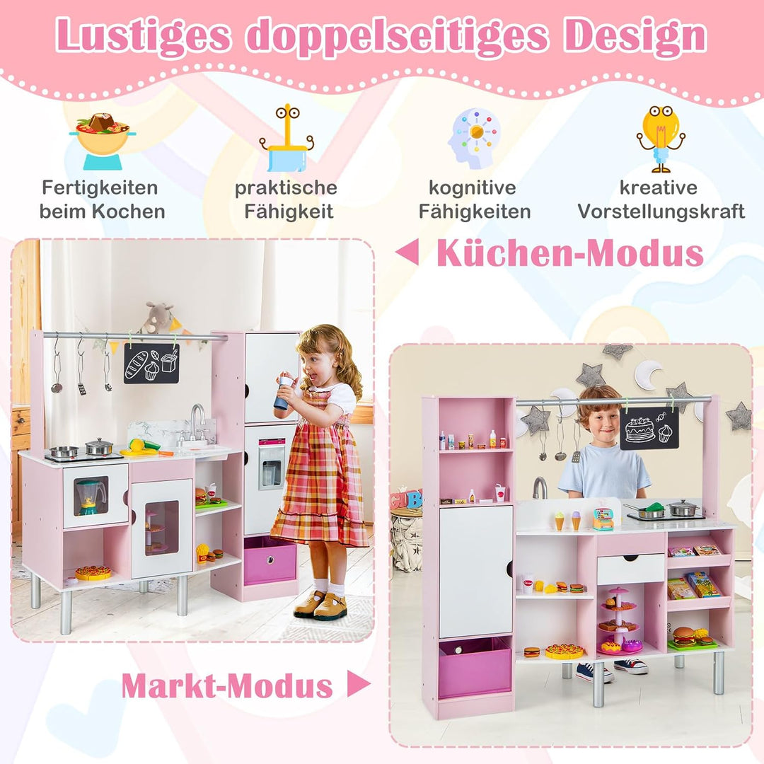 COSTWAY 2 in 1 Kinderküche &amp; Kaufladen, Spielküche mit Licht und Sound, interaktiver Eismacher &amp; Taf