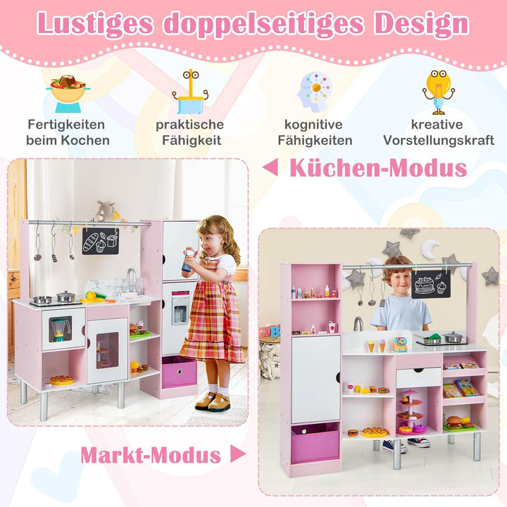 COSTWAY 2 in 1 Kinderküche &amp; Kaufladen, Spielküche mit Licht und Sound, interaktiver Eismacher &amp; Taf