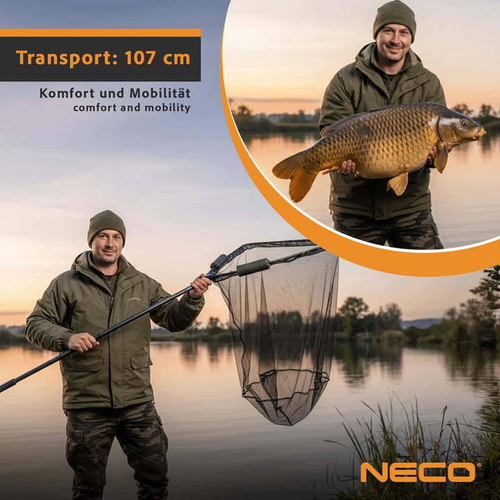 NECO Karpfenkescher 100×100 cm – Grosser Angelkescher 2,80 m Carbon, Faltbar – Tiefe 127 cm, Metallk