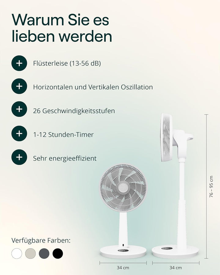 Duux Whisper 3 Standventilator – Energiesparender Ventilator mit 26 Geschwindigkeiten, Timer & Nacht