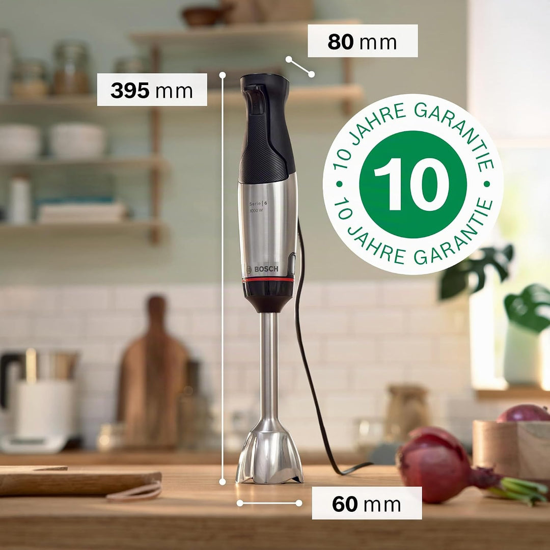 Bosch Stabmixer ErgoMaster Serie 6, einhändig bedienbar, 4 Edelstahl-Klingen, Zerkleinerer, Schneebe