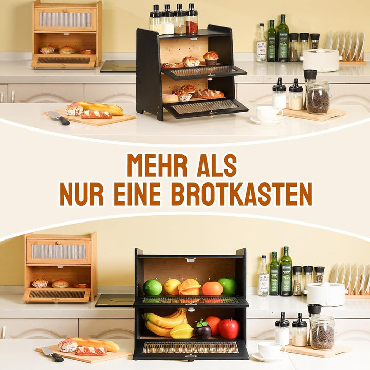 HAUSPROFI Brotkasten Bambus 2 Etagen, Brotkästen Holz mit Schneidebrett Belüftung Gewelltes Sichtbar