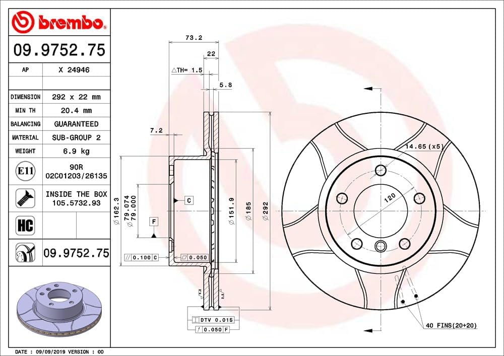 Brembo 09.9752.75 Vordere Bremsscheibe, Anzahl 2