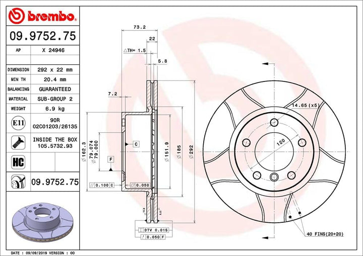 Brembo 09.9752.75 Vordere Bremsscheibe, Anzahl 2