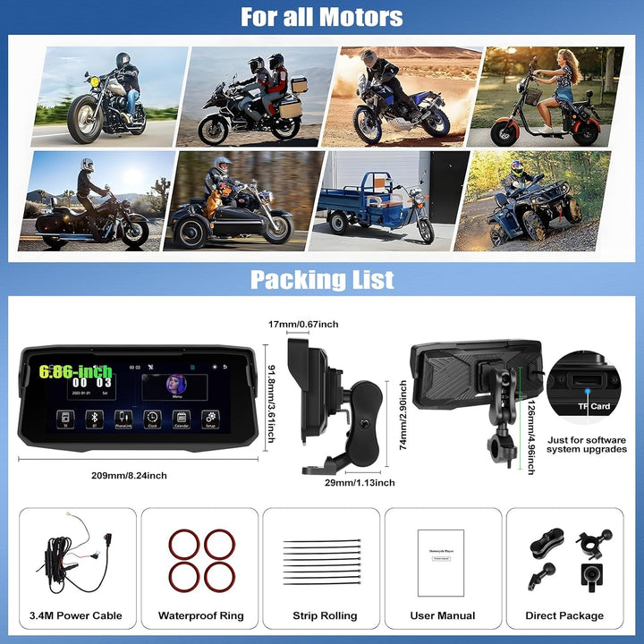 SIXWIN Carplay Motorrad Display für Moto mit Wireless Carplay Android Auto, 6.86 Zoll HD Touchscreen