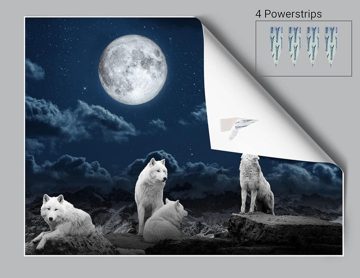 wandmotiv24 Poster als Wanddeko, Grösse 80x60cm, Wolfsrudel, Wolf, Gemälde, Mond, Wölfe, Felsen, Tie