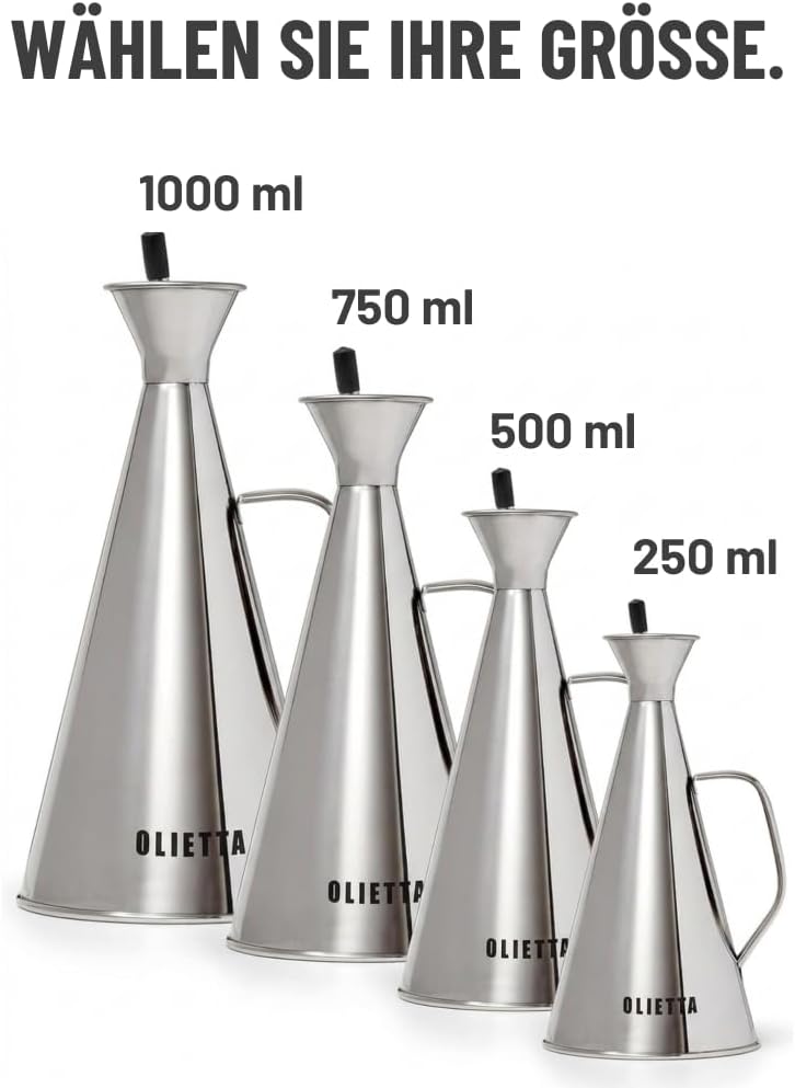 Olietta Ölflasche Tropf- und auslaufsichere aus Edelstahl 1000 ml Olivenöl flasche mit Ausgiesser zu
